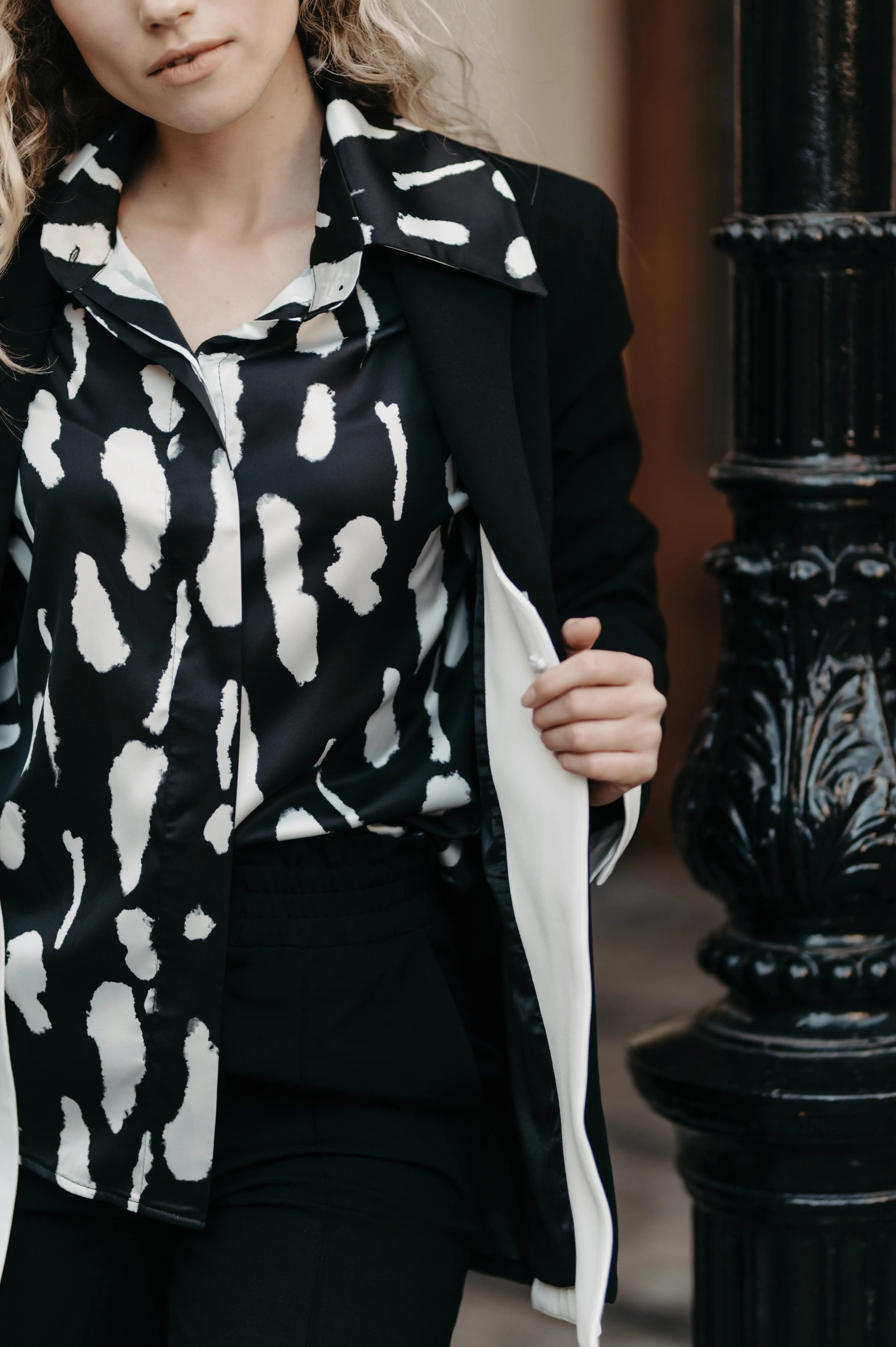 Elle Classic Shirt | Black and White Satin