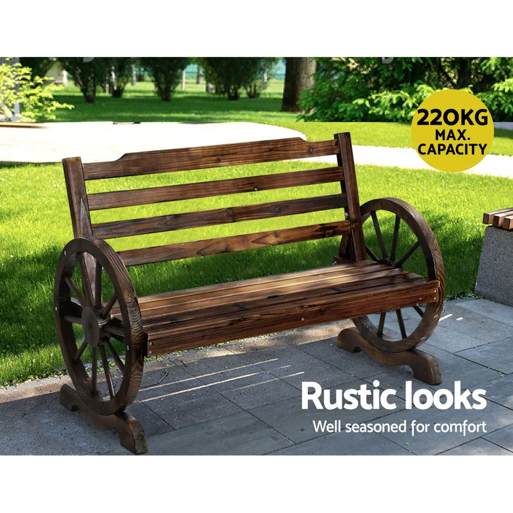 Garden Wooden Wagon Wheel Bench Rustic 2 Seater With Backrest